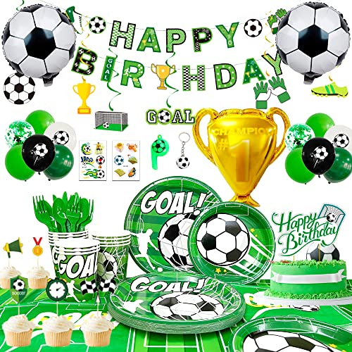 Fournitures de Fête de Football - 181pcs Kit Décoration & Vaisselle Foot - Assiette, Tasses, Nappe, Bannière, Ballons et Plus