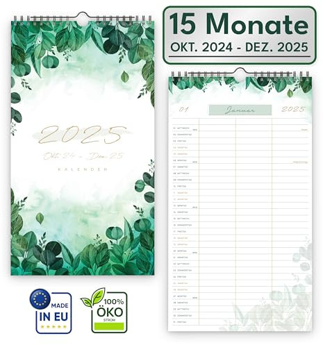 UNITURE® Grüner Wandkalender 2025 kompakt [mit 3 Spalten] perfekter Planer für Zwei, Paarkalender & Familienkalender 2025, Kalender 2025 Wandkalender, Jahreskalender lang, Greenery-Design