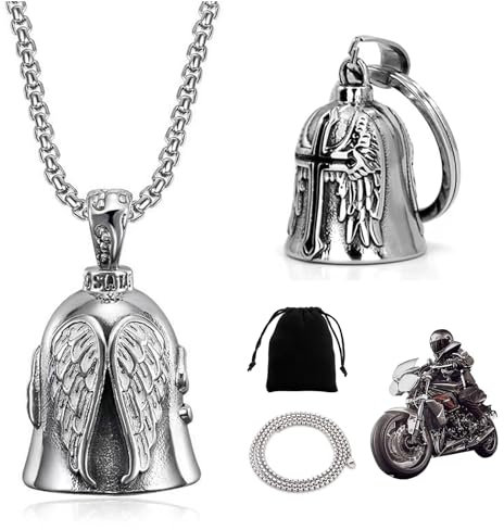 2 Pièces Cloche de gardien pour moto avec 1 Chaîne et 1 Pochette en Velours Kit, Motorrad Glocke Glücksbringer en Acier Titane, Clochette Moto pour Segne Den Frieden Motard Biker Homme Mari