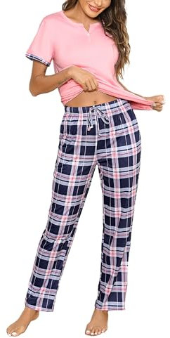 Irdcomps Pyjama Femme Coton Été T-Shirt Manches Courtes Ensemble Pantalon à Carreaux Vêtements de Nuit 2 Pièces Rose M