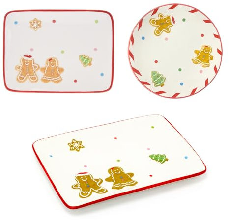 Carousel Home Set of 3 Ceramic Christmas Gingerbread Plates | Festive Serving Dishes Christmas Serving Plates | Christmas Tableware Xmas Snack Plates