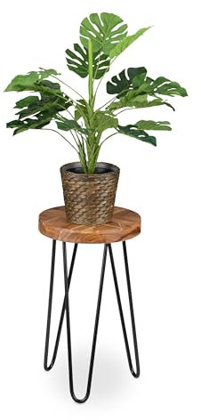 Relaxdays Taburete para Plantas, Madera de Acacia, Redondo, para Macetas, Soporte Flores Retro 42x25 cm, Marrón/Negro, Hierro