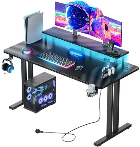HLFURNIEU Bureau Gaming LED, Bureau Gamer avec Prise Intégrée & Port USB, 140 x 60 cm Table Gamer Ergonomique avec Support de Moniteur, Porte Gobelet, Crochet pour Casque, Noir