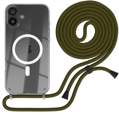 EAZY CASE - Handykette kompatibel mit iPhone 16 Plus Kette zum Umhängen Stoßfest Handyhülle Apple iPhone 16 Plus Silikon Hülle mit Band Handytasche Transparent als Fallschutz in Grün - Clips Schwarz