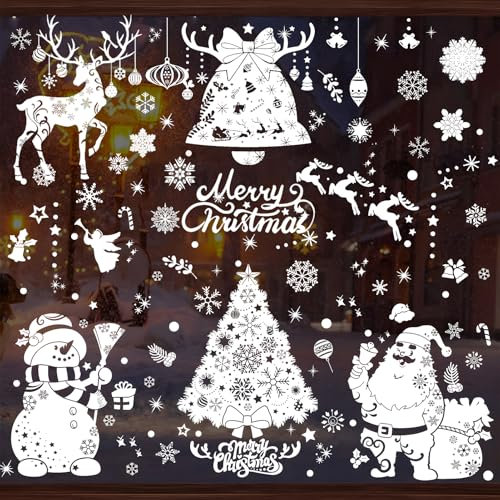 246 Pcs Christmas Window Stickers, 6 Sheets Reusable Double-Sided Printed Christmas Window Clings, PVC Decal White Static Stickers for Window Doors Glass Decorations