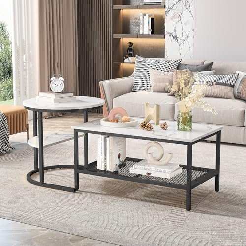 Générique Ensemble de 2 Tables Basses Rondes et Rectangulaires, Ensemble Moderne de Tables Basses, Placage Marbre, Cadre en Métal, Table à Café, Adapté pour Salon, Balcon et Bureau,Noir