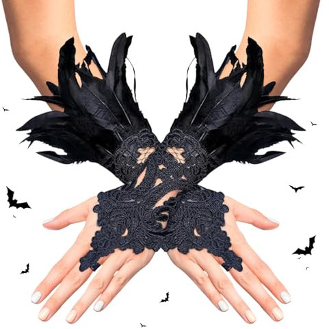 BGTLJKD Spitzenhandschuhe Federn, Damen Schwarz Feder Spitze Fingerlose Lange Handschuhe, Handschuhe 20er Jahre mit Federn, Handschuhe Karneval für Hochzeit Halloween Fasching Cosplay Party