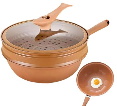Iron Wok | Wok para freír | Fondo de olla concentrador de energía, hierro, wok antiadherente con tapa de hierro de acero al carbono | Wok para cocinar y cocinar todo en 1, parte inferior plana, juego