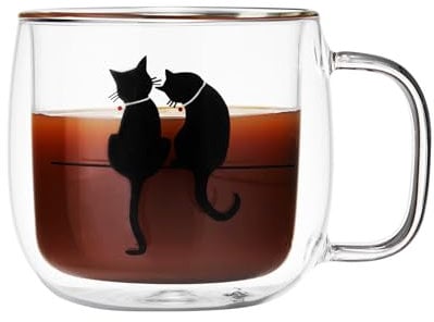 MESNEY Double Wall Glass Coffee Mugs - 300ml Glass Coffee Cup with Black Cat Design, Heat-Resistant Borosilicate Glass Clear Mug, Insulated, Dishwasher Safe