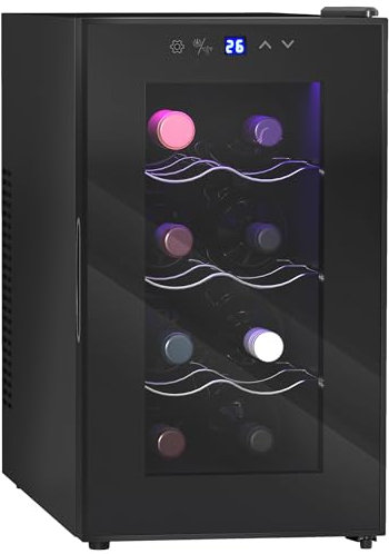HOMCOM Vinoteca Refrigerada 8 Botellas 21L Vinoteca de Temperatura Única 8-18℃ con Cristal Anti-UV, Termoeléctrico, Estantes Ajustables, Pantalla Táctil, Luces LED, Clase E, Negro