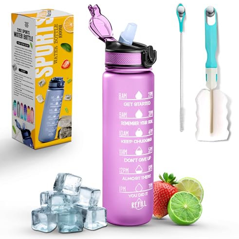 K-MART Sports Water Bottle with Straw and Time Marking, and 32OZ Capacity - Motivational and BPA-Free Bottle for Running, Gym, Yoga, Outdoors, and Camping (Style-1, Lavender)