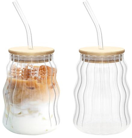 APOMOONS Lot de 2 Verre Avec Couvercle Et Paille Tasses en Verre Nervuré Café Ondulé Avec Pailles Transparents Glacé pour Eau Jus Café Bière Lait