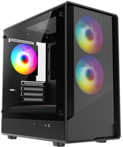 CiT Level 5 Black Gaming PC Case – Micro-ATX Computer Case with Mesh Front & Tempered Glass Side - 3 x 120mm ARGB Fans and 6-Port PWM Fan Hub Included - AIO Support - USB 3.0, USB 2.0 - HD Audio/Mic