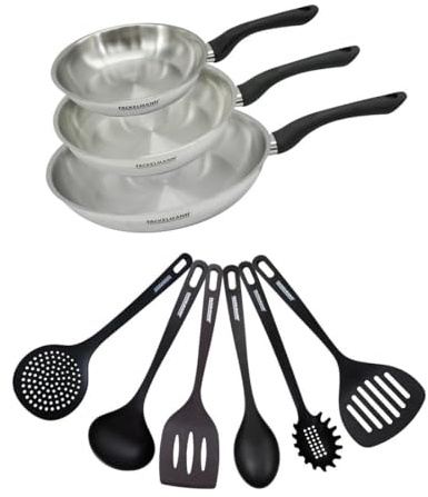 Fackelmann 9442550 Set 3 poêles 20 24 et 28 cm en inox 18/8 et 6 ustensiles RPET, Poêle de cuisson, Poêle tous feux, Poêle induction, Poêle sans PFAS, Acier inoxydable 18/8, RPET, 20 24 et 28 cm