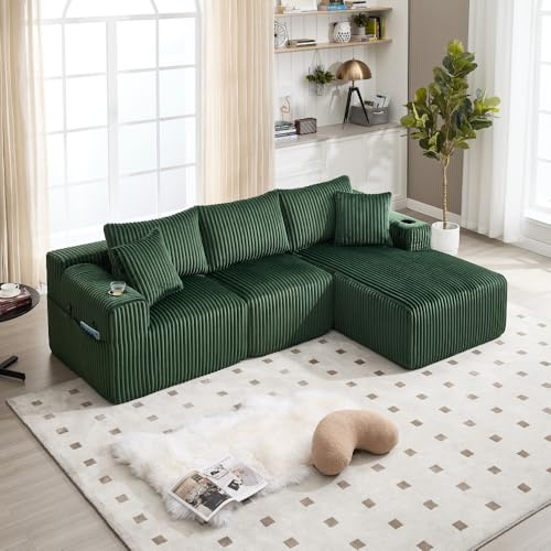 Zepneiy Modulares Sofa-Set DIY mit Ottomane und 2-Sitzer, mit 5 Kissen, Seitentaschen und Getränkehalter, Bezug aus Cord, hochdichter Schaumstoff (Smaragdgrün)