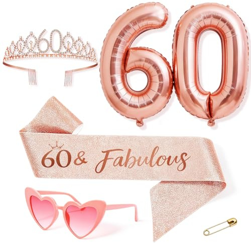 Anruzon 60 Geburtstag Frau Deko, 60 Geburtstag Krone und Schärpe, Rosa herzförmige Brille, Luftballons Rosegold, Geschenke für Frauen 60 Jahre, Geburtstagsparty Deko Supplies
