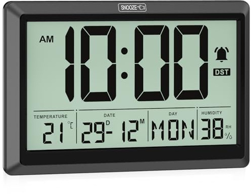 XREXS Digitale Wanduhr 19,4x10,4 cm HD-LCD, Wecker, Schlummer, DST, Temperatur/Feuchte, ℃/℉ & 12/24H Umschaltbar, Digitale Tischuhr Batteriebetrieben für Zuhause & Büro (Schwarz)