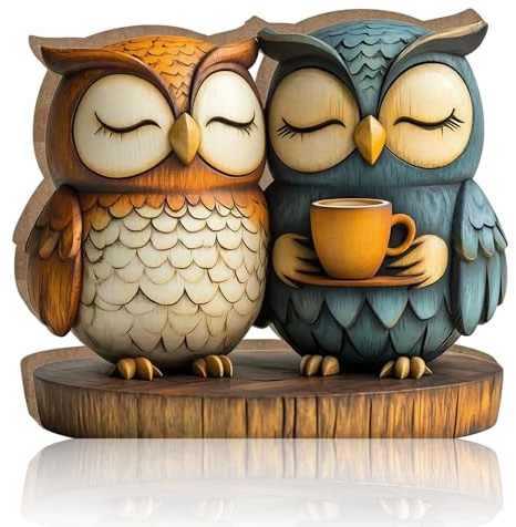 Komergave Eule Deko Holz, 2D Holzfiguren Tiere, Natürliche Holzskulptur Tierornament für Schreibtisch Dekoration, Holzskulpturen Schnitzerei Drückfiguren Eule Geschenk für Tierliebhaber