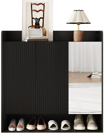 HAINEW Zapatero zapatero con 3 puertas y espejo, puerta con rayas verticales, negro, 110 × 35,5 × 110, HD26031603