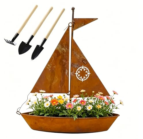 LLELEMAMO Rustikaler Segelboot Pflanzkübel aus Metall, Handgefertigter Wetterfester Boot-Blumentopf für Sukkulenten & Kräuter, Vintage Deko-Schiff für Garten & Terrasse, 3D Skulptur für Regal (1Pc)