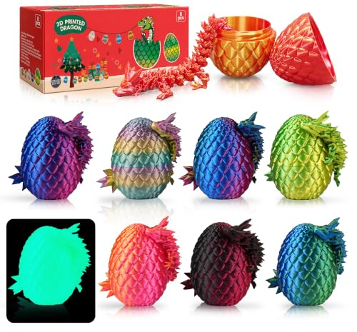 8 Stück 3D-gedruckte Dracheneier mit Mini-Drachen, Fantasy-Mix Farben mit Glow-Grün, bewegliche Drachenfiguren im Ei, Sammelfiguren Fidget Spielzeug, Geschenk ab 3 Jahren
