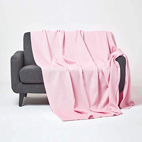 HOMESCAPES - 100% Organic Cotton Waffle Blanket - Pink - Super King Bed Size 280 x 230 cm - Super Soft Combed Cotton Blanket Throw