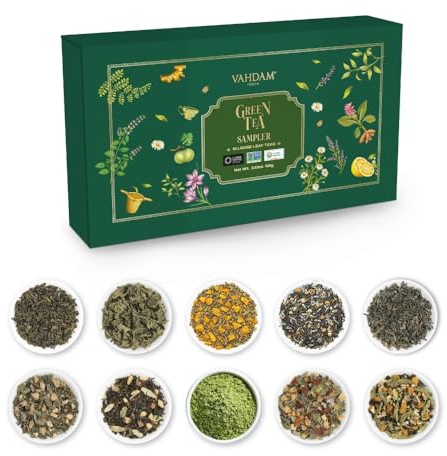 VAHDAM, Assorted Green Tea Sampler (10 Teas) Exotic Green Tea Blends with 100% Natural Ingredients | Loose Leaf Tea Sampler | Tea Variety Pack | Tea Gift Set, Gifts for Women & Men