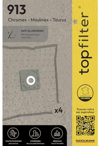 TopFilter 64913 Lot de 4 sacs aspirateur Moulinex, sac aspirateur, accessoire aspirateur, poche aspirateur, Non tissé polypropylène, Plastique, 30 x 26 cm