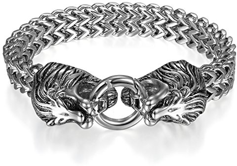 JewelryWe Schmuck Herren Armband, Gotik Biker Doppelt Löwen Kopf Panzerkette Königskette Armkette, Edelstahl, Farbe Silber