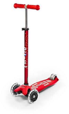 micro Maxi Deluxe LED Kickboard | Kickboard mit LED-Vorderrollen | Lenker höhenverstellbar | ab 5 Jahre | Kickboard in der Farbe red