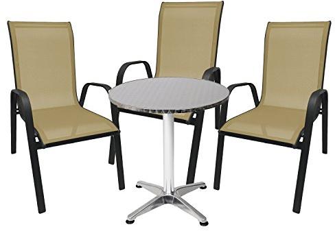 Mojawo® Bistrogarnitur Bistroset 4-teilig Bistrotisch Aluminium Ø 60 H70cm + 3 Stapelsessel Metall/Textilen Anthrazit/Beige