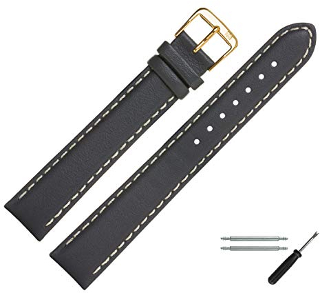 MARBURGER Uhrenarmband 18mm Leder Grau Gold XL Glatt Mit Naht - Montage Set 8021816000220