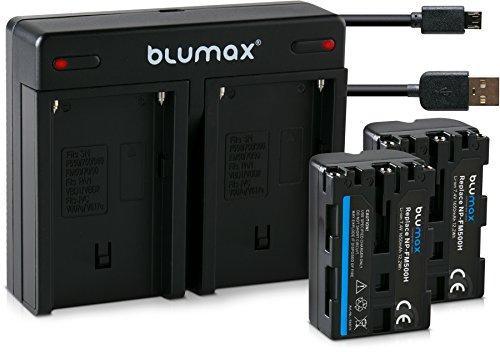 Blumax 2 x Battery 1650 mAh Replaces Sony NP-FM500H/NP-FM500 + Mini Dual Charger USB Compatible with Sony Alpha 68 Alpha 58 Alpha 99II