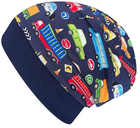 Wollhuhn Öko Warme Kuschelige Winter Jungen/Mädchen Winter Beanie-Mütze Mit Fleecefutter Versch. Motive (aus Öko-Stoffen, Bio) 20220666 (M, Autos Dunkelblau/Bunt)