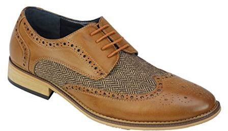 Männer Gatsby Style-Tweed mit Fischgrätmuster Smart-Formal Brogue-Schuh-Klassiker Oxford Schnürer [A2312H-TAN-46]