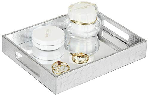 Vixdonos Decorative Mirror Tray,Silver Vanity Tray,Leather Catchall Organizer for Makeup,Perfume and Cosmetic on Dresser or Coffee Table(Small, Silver)