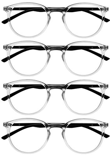 OPULIZE MET Reading Glasses for Women Men, Slim Round Frame with Spring Hinges and Scratch Resistant, Clear +0 (Pack of 4)