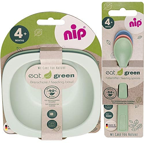 NIP Geschirrset ab 4. Monat, 2 Breischale + 3 Eatgreen Babylöffel, Melamin frei, BPA frei, Spülmaschinenfest, geeignet für die Mikrowelle, made in Germany
