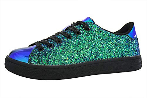 LUCKY STEP Damen Glitzer Sneaker | Schnüren Mode Schuhe | Glitzernde Bunt Turnschuhe für Damen (Grünes Hologramm, 6US-36EU-3UK)