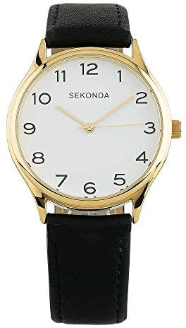 Sekonda 1854 Armbanduhr, schwarzes und goldenes Leder, weißes Zifferblatt