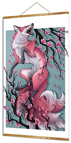 Japanische Wandkunst Fuchs und Sakura Druck Poster Retro Leinwand Japanische Kunst Wanddekor Wohnzimmer Schlafzimmer Büro Restaurant Magnetische Schnörkel Holzrahmen (40,6 x 68,6 cm) Kann aufgehängt