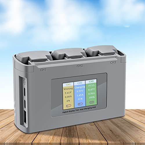 Bulipu Double Way Battery Charger LCD Display 3 Batteries Charging Hub for DJI Mini 2, Mini SE Drone, Gray