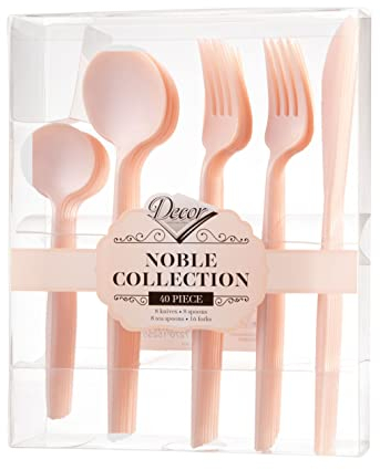 Decor Decorline - Ensemble de couverts réutilisables en plastique robuste - 40 pièces - Chacun avec 16 fourchettes, 8 couteaux, 8 cuillères et 8 cuillères à dessert - Noble Collection - Perles roses