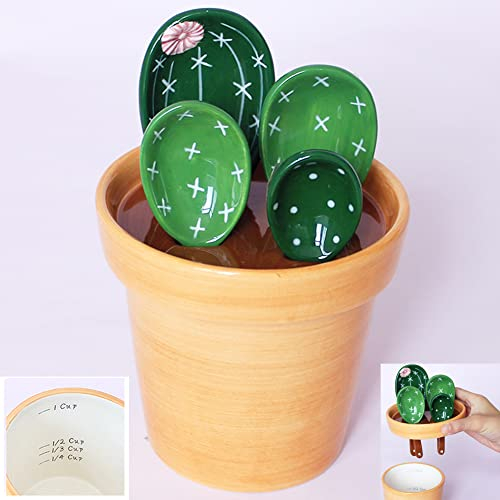 Cactus Measuring Spoons Set in Pot Ceramic Baking Measuring Spoons Cup with Holder for Dry Wet Ingredients Cute Cactus Figurine Dishwasher Safe 1 Tbsp 1 TSP 1/2 TSP 1/4 TSP 1 Cup Unique Gift