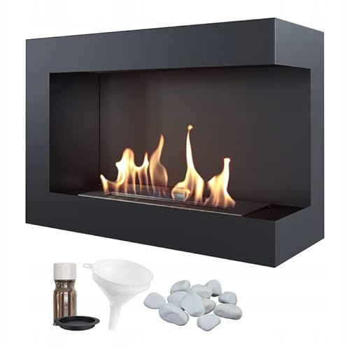 KRATKI Delta 700 Chimenea de Esquina Derecha de bioetanol + Guijarros + Embudo + Juego de aromaterapia Montaje en Pared o instalación empotrada l Biocontainer 0,75 l, TÜV Acero, 48 x 70 cm, Negro