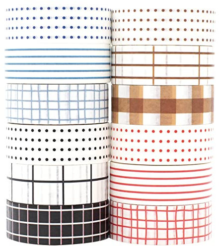 MAGLITT Grid Washi Tape Set 12 Rollen Schottenstoff Dekoratives Klebeband Bunt für Scrapbooking, Bullet Tagebuch, Planer, Geschenkverpackung