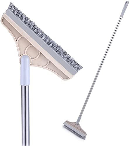 2 in 1 Floor Brush Scrubber with Long Handle Grout Brush 3 Poles 53.5'' New Upgrade Stiff Bristle Cleaning Scrub Brush with Squeegee 120°Rotating Tile Brush for Cleaning Bathroom Glass Patio Kitchen