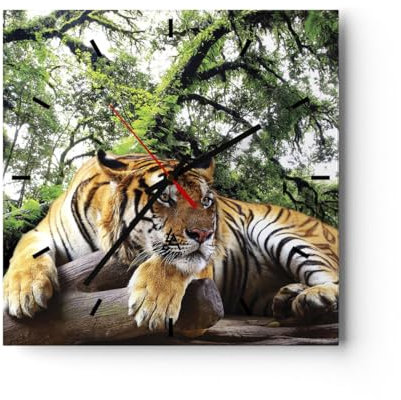 Modern Wanduhr Tiger Dschungel Ruhe 40x40cm Quadrat Groß Wand Uhr Glas Analog Zimmeruhren Küche Büro Wohnzimmer Glasuhr Wall Clock Dekoration Design Wanddekoration Küchenuhr C3AC40x40-4166
