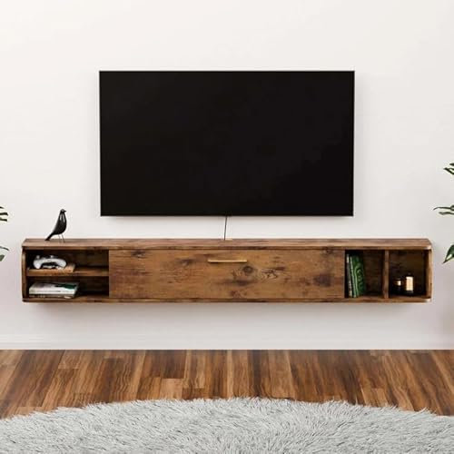 Bixiaomei Floating TV Unit, 58'' Wall Mounted TV Cabinet, Floating Shelves with 4 Cabinets, Wooden Entertainment Media Console Center Large Storage TV Bench for Living Room & Office (Rustic Brown)