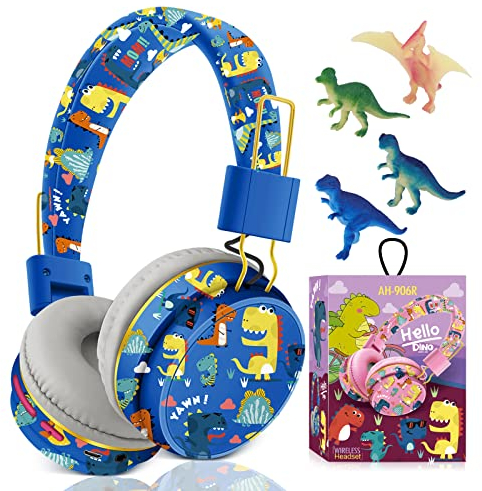 Cute Kids Headphones Wireless, Unicorn Headphones Gifts for Girls, Childrens Bluetooth Headphones with Microphone, Toddler Headphone Over Ear for Age 2+, Compatible with iPad/Fire Tablet (blue-dino)